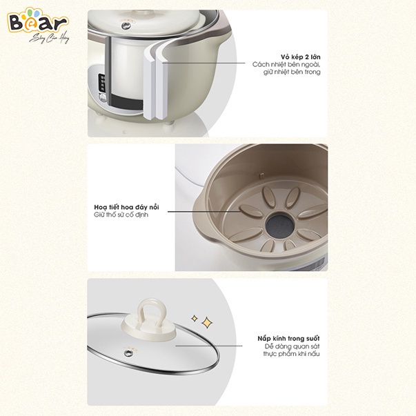 Nồi Nấu Chậm Bear SUBE002 1.6L Nồi Nấu Cháo, Chưng Yến Bear Bản Quốc Tế Bảo Hành 18 Tháng