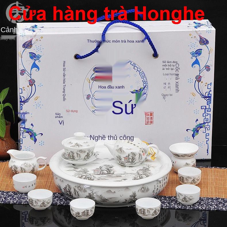 mocboBộ trà sứ trắng xanh Jingdezhen Kung Fu nhà quà tặng khay Trung Quốc phong cảnh tuyết phủ ấm