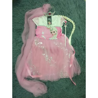 Combo Váy công chúa Elsa + Gậy phép + Vương miện + Tóc giả+ Khăn choàng ( màu hồng)
