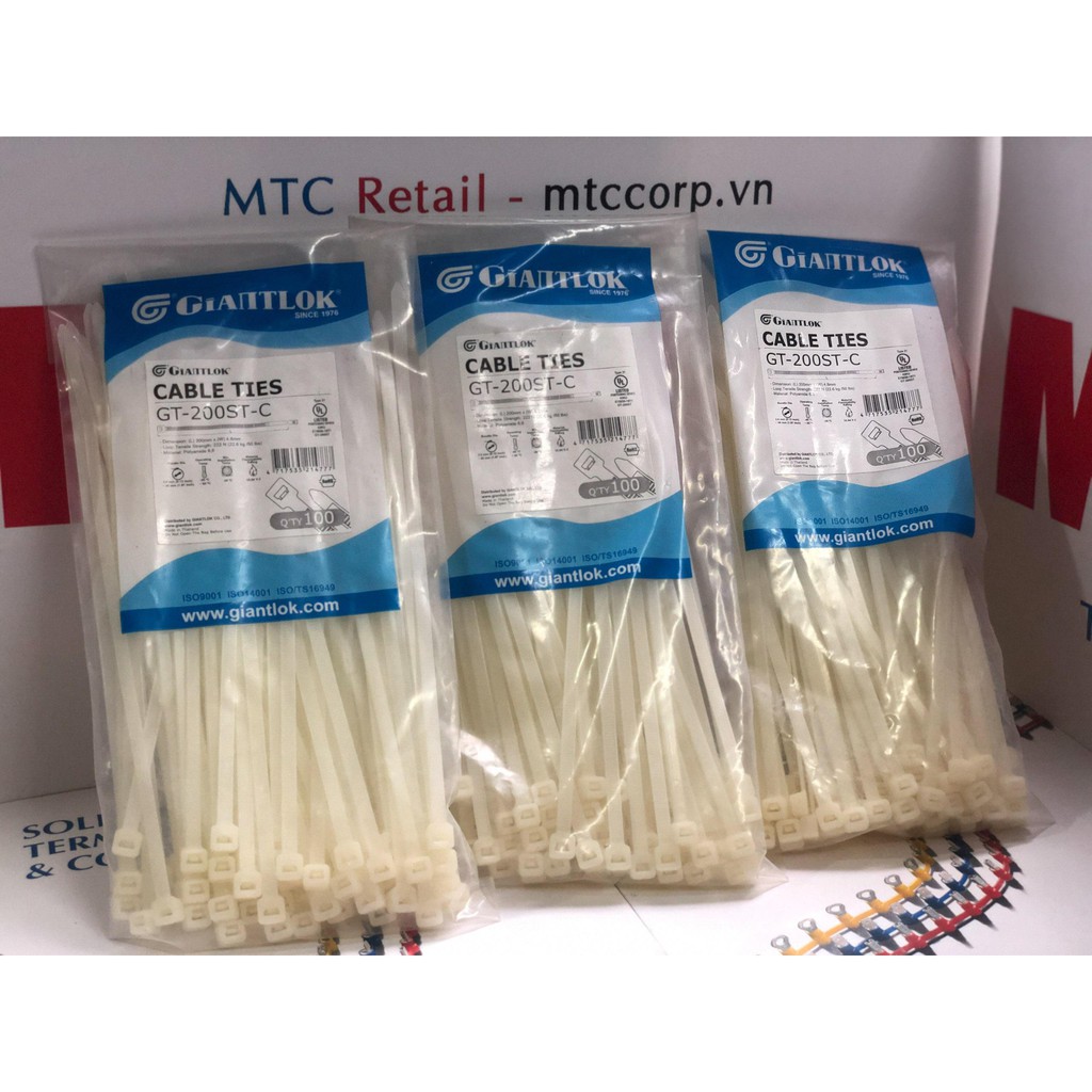 Túi 100 Dây thít, dây rút nhựa màu trắng 200×4.8mm cao cấp GT200STC nhập khẩu Giantlok-Thái Lan