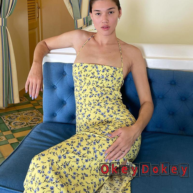 OKDK-Women´s Dress Floral Print Sleeveless Halter Tie Design Open Back Side High Slit Summer Dress