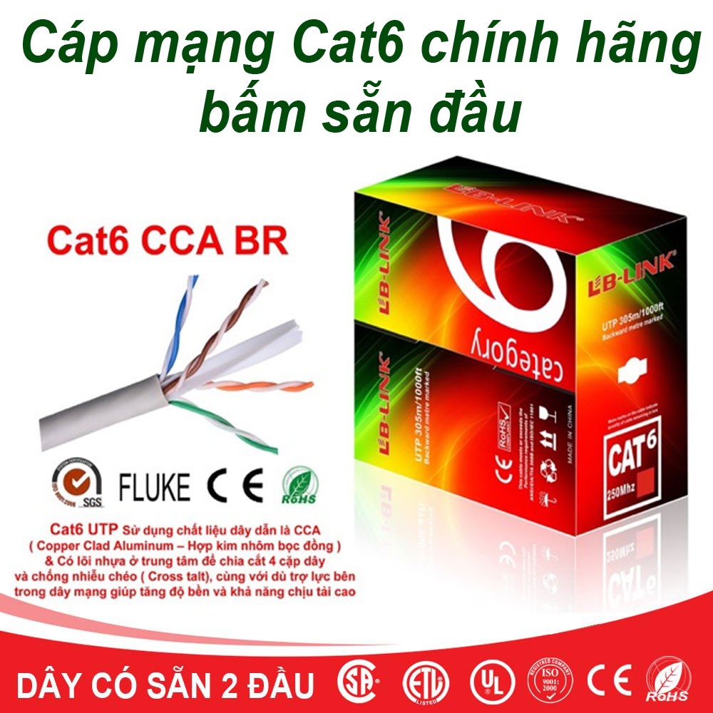Dây Mạng Cat6 Bấm Sẵn 2 Đầu dài 10m 15m 20m 25m 30m 35m 40m 45m 50m  - Cáp mạng, cáp lan, cáp internet