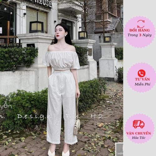 Set áo đũi trắng trễ vai croptop nữ kèm quần suông dáng baggy ống rộng đi biển Hàn Quốc