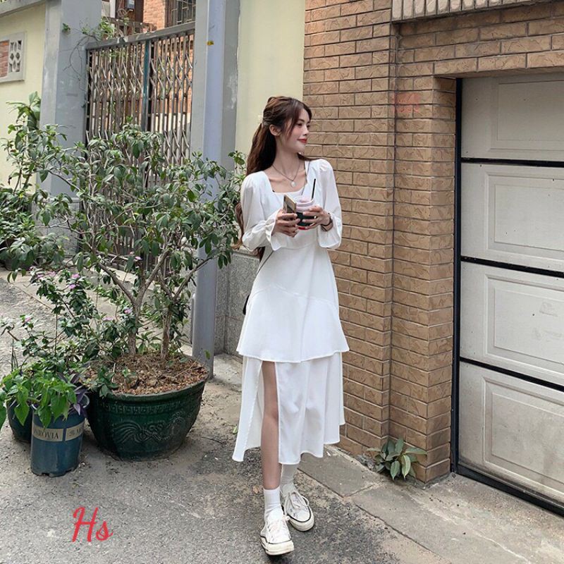 Set váy yếm đen xẻ chân có tầng Có kèm ảnh thật và video