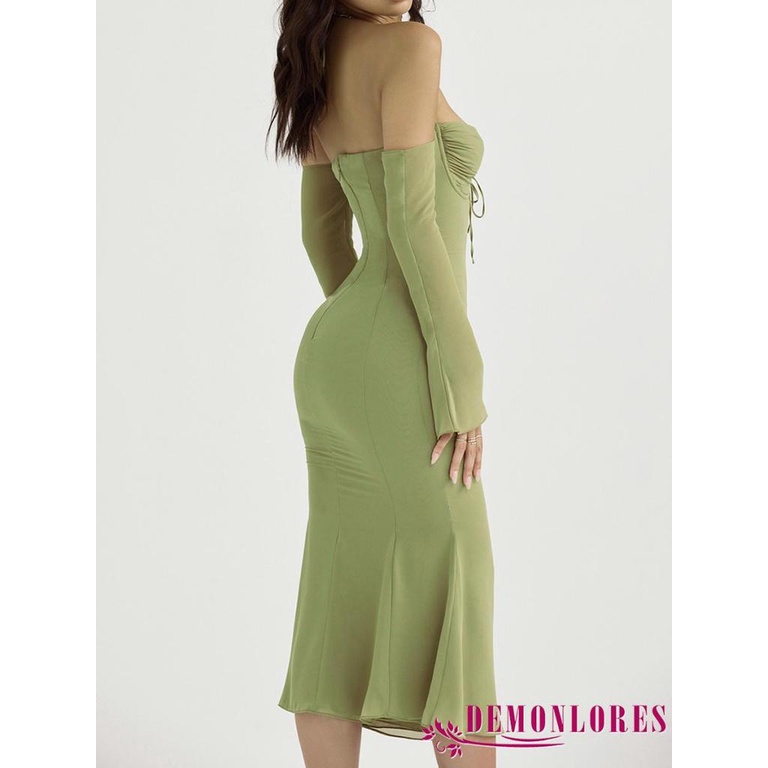 Đầm Đuôi Cá Tay Dài Cổ Khoét Sâu Màu Sắc Trơn Thanh Lịch Cho Nữ