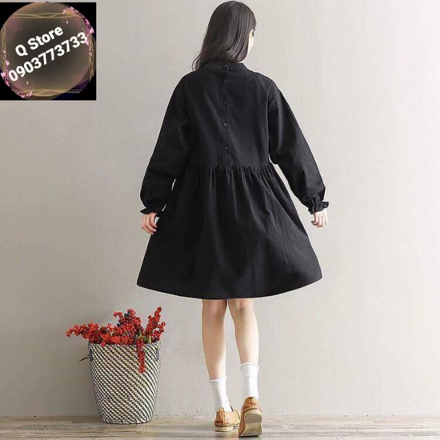 Đầm babydoll đen cổ nơ nút sau | BigBuy360 - bigbuy360.vn