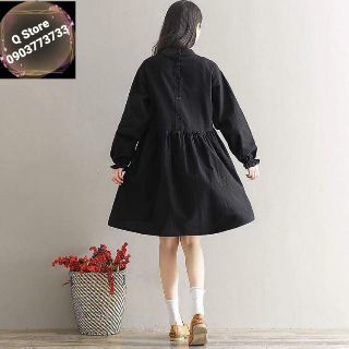 Đầm babydoll đen cổ nơ nút sau