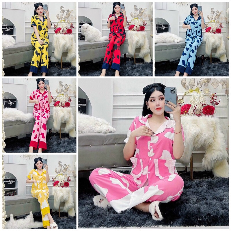 ĐỒ BỘ LỤA TAY BO NGẮN QUẦN DÀI HOẠ TIẾT BÒ SỮA XINH