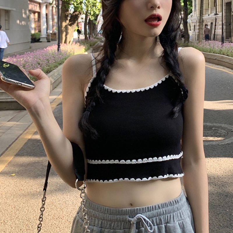 Áo Croptop Dệt Kim Không Tay Phối Dây Cột Phong Cách Boho Hàn Quốc Gợi Cảm Cho Nữ Y2K Aesth