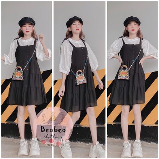 [Ảnh thật] Set áo tay phồng kèm đầm yếm 2 dây xoè thắt nơ vai dễ thương