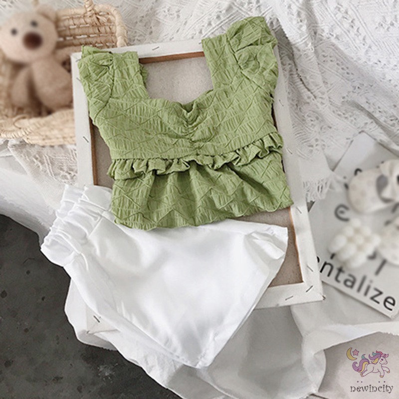 Set Đồ 2 Món Áo Tay Ngắn Cổ Vuông + Quần Short Phong Cách Hàn Quốc Cho Bé Gái