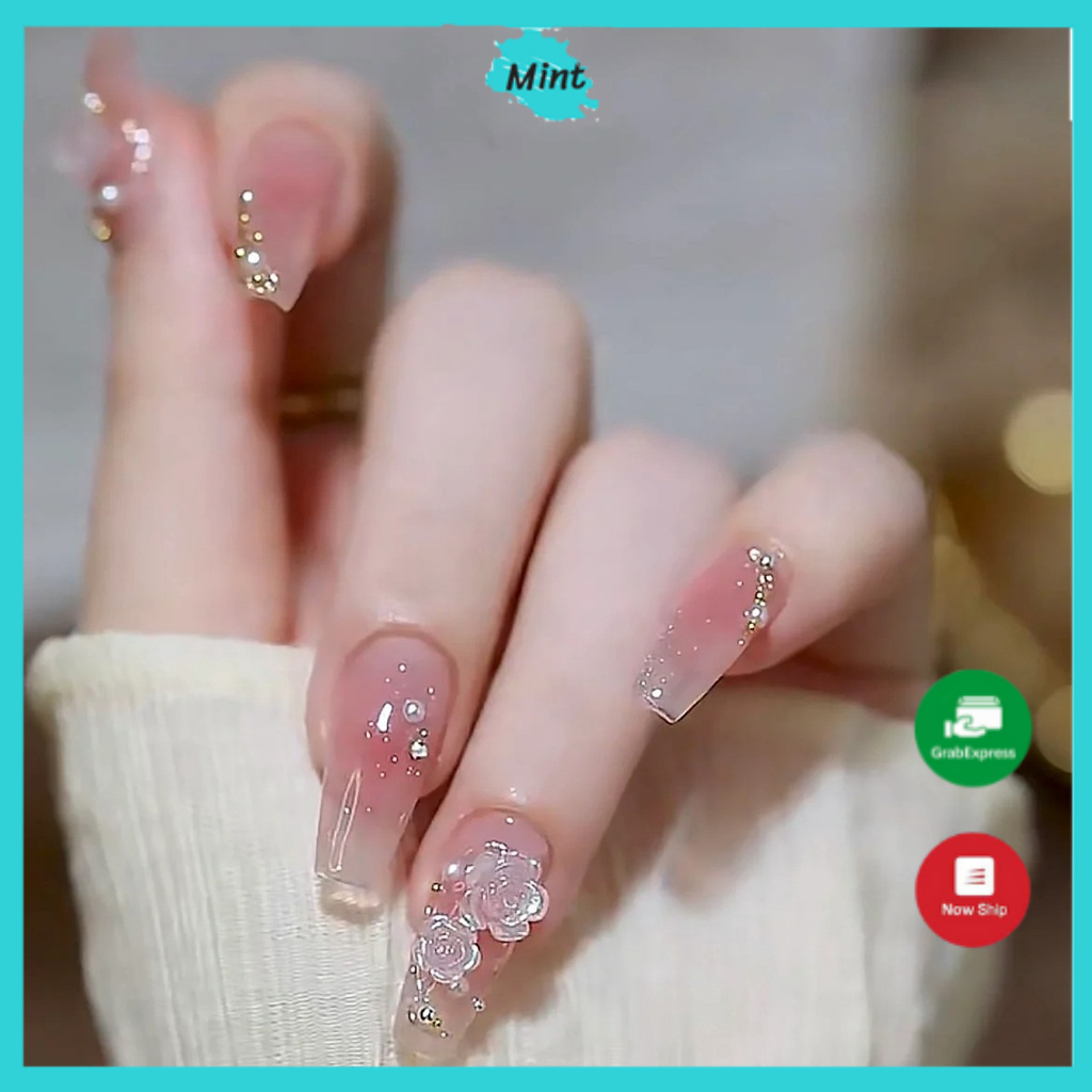 Nail Box Móng Úp Thiết Kế Thủ Công Cao Cấp Hoa Hồng Trong Suốt Xinh Đẹp NB102 Nailbox Phong Cách Hàn Quốc