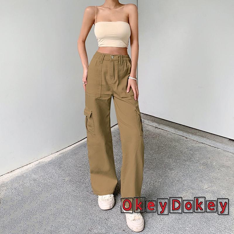 OKDK-Quần vận chuyển hàng hóa thời trang nữ Quần jean cạp cao khóa thẳng có túi