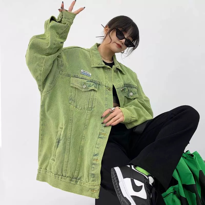 IELGY   Áo Khoác denim Dáng Rộng Màu Xanh Lá Kiểu retro Cá Tính Cho Nữ