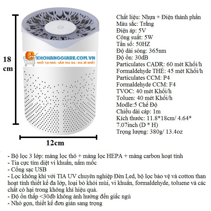 Máy lọc không khí mini máy khử mùi phòng ngủ 2 lớp lọc khử khuẩn bằng đèn tia UV  và ion âm kho hàng giá rẻ VN