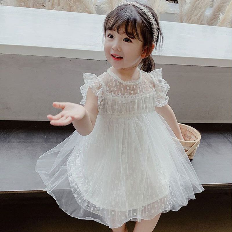 Đầm Lưới Tay Bay Mùa Hè Màu Sắc Trơn Phong Cách Phương Tây Cho Bé Gái