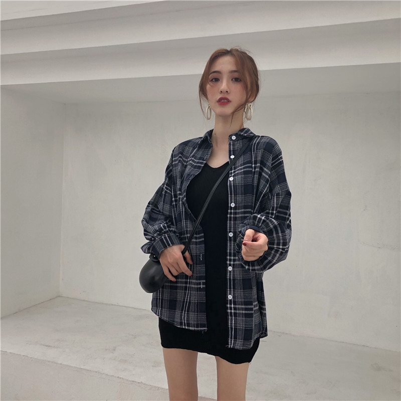 SUXI Áo khoác sơ mi caro / Đầm hai dây phong cách Hàn Quốc thời trang cho nữ