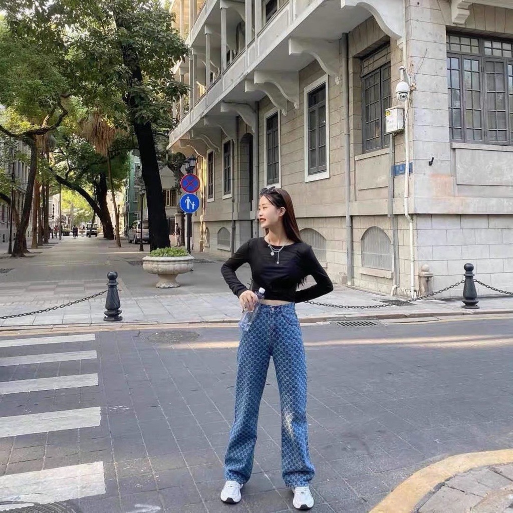 Quần LV-GCC - Quần Jean Nữ Cạp Cao Ống Suông Rộng In Họa Tiết Hotrend 2022 | BigBuy360 - bigbuy360.vn