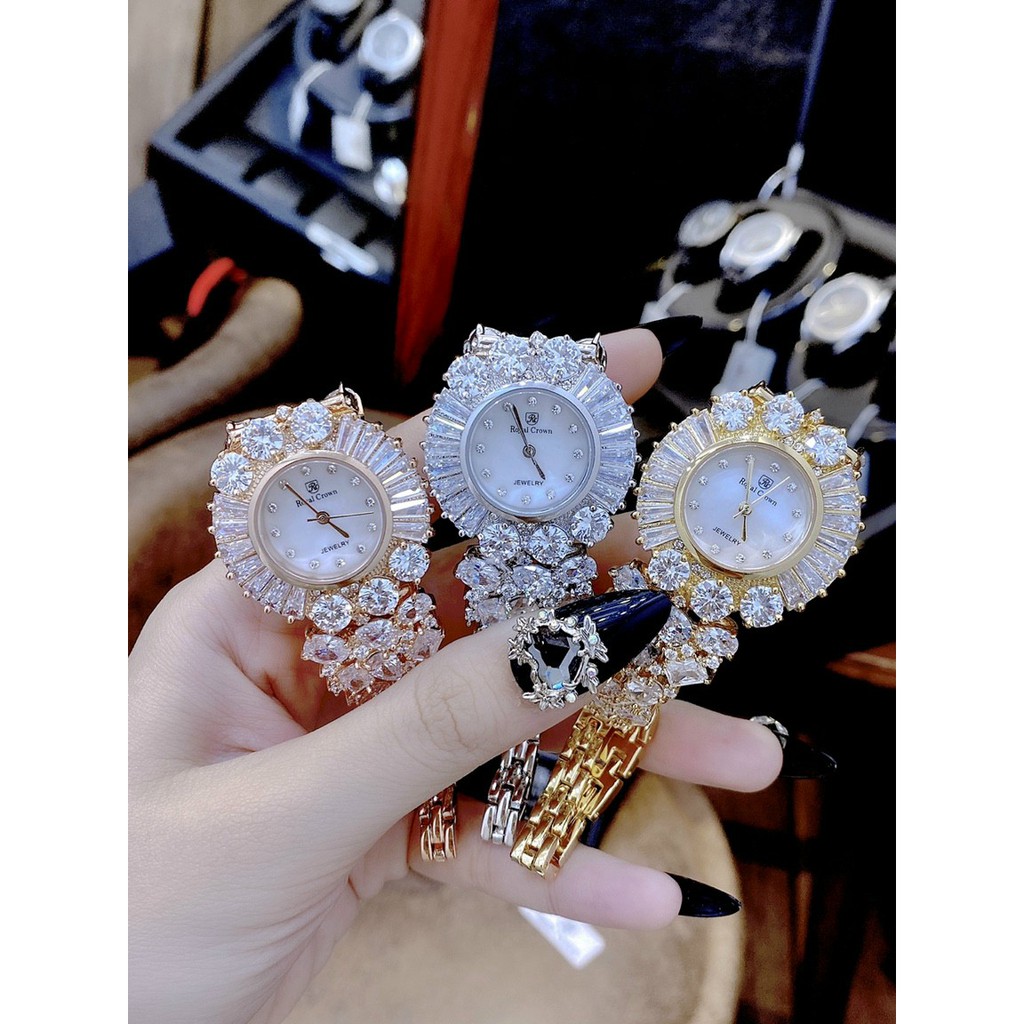 Đồng hồ nữ chính hãng, đồng hồ đeo tay nữ ROYAL CROWN full box đính kim cương nhân tạo cực kỳ cao cấp, sang trọng