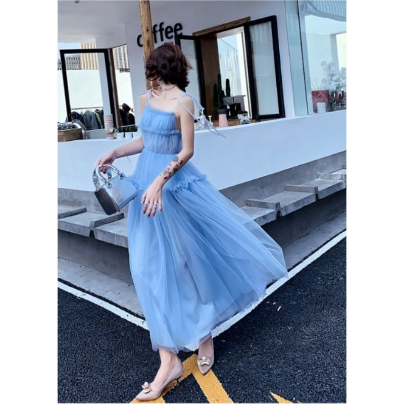 Đầm dạ hội hai dây cao cấp voan lưới viền tầng xòe màu xanh H139 Hỉn Hỉn Store