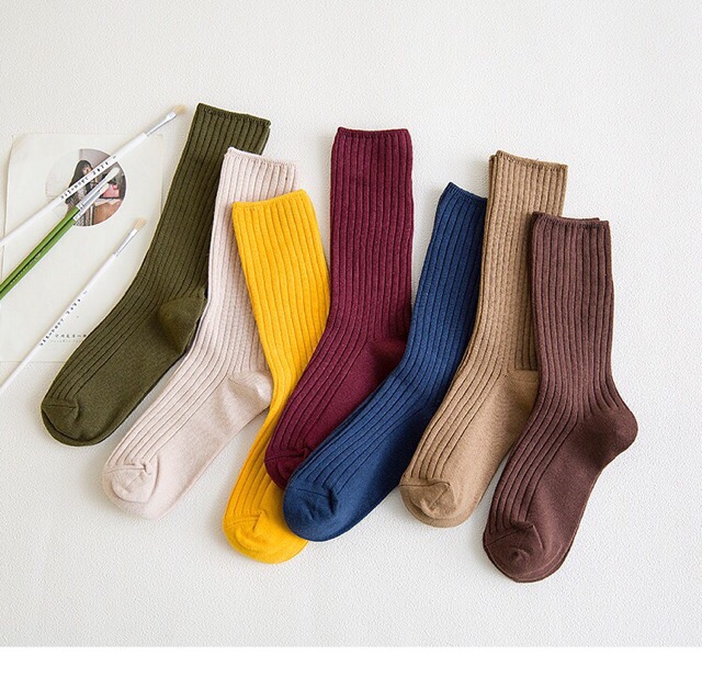 Tất cổ cao vintage Hàn Quốc Unisex Meo shop Vớ cao cổ len gân nam nữ đen trắng Basic tới bắp chân