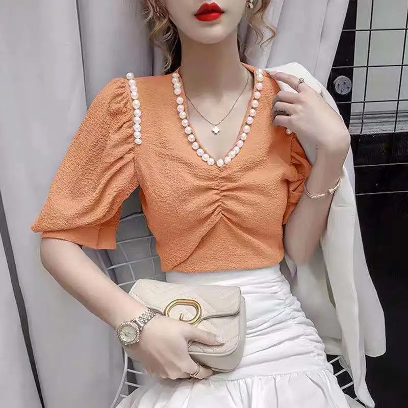 Áo Voan Dáng Rộng Cổ Chữ V Tay Ngắn C8701