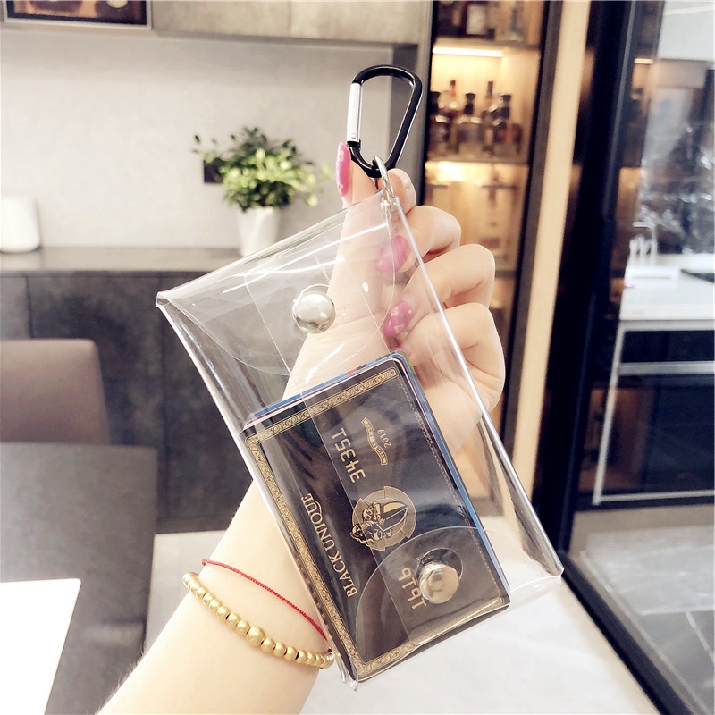 Bóp ví mini trong suốt kèm móc khóa sticker trang trí dễ thương độc lạ treo balo túi xách