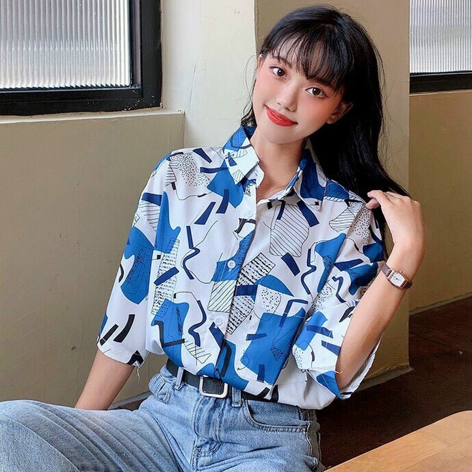 Áo Sơ Mi Lụa Tay Ngắn Họa Tiết Chữ Unisex from Rộng Oversize