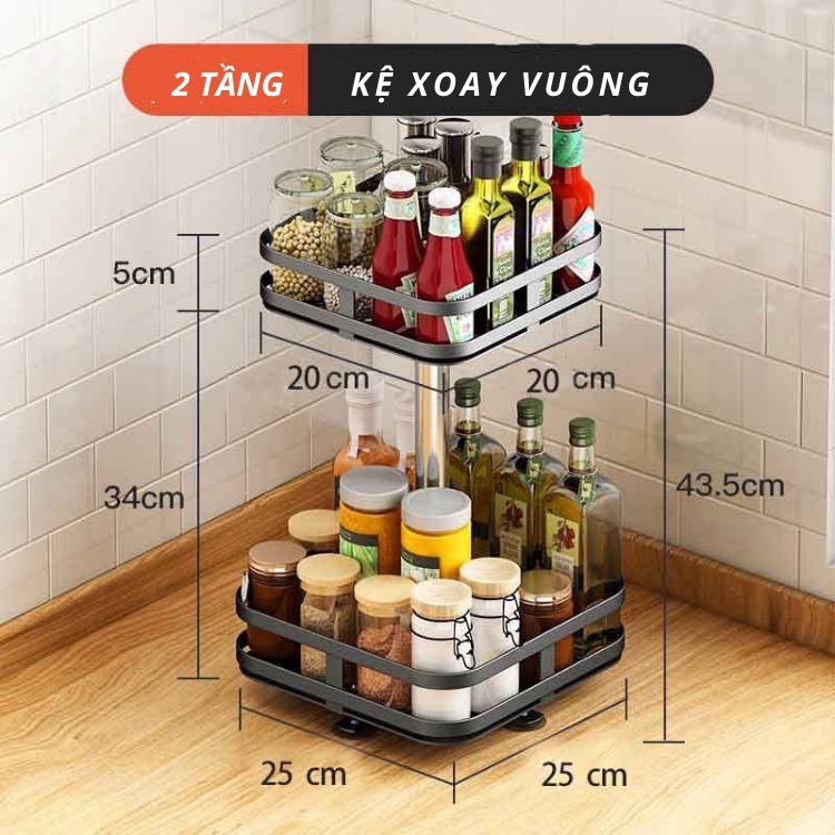 Kệ gia vị đa năng INOX phủ sơn tĩnh điện Đen, kệ xoay vuông tròn 360 độ, (2 Tầng, 3 Tầng) Loại Dày Tiết Kiệm Không Gian