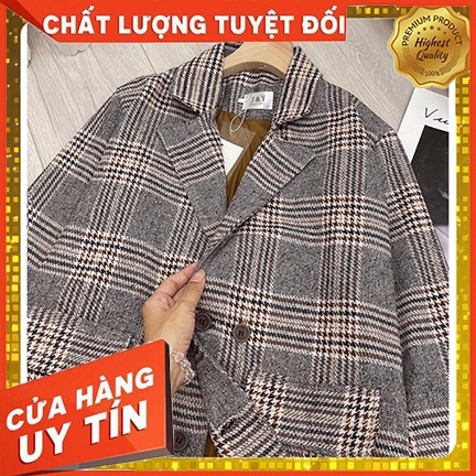 Áo blazee dạ kẻ nâu dáng Hàn Quốc