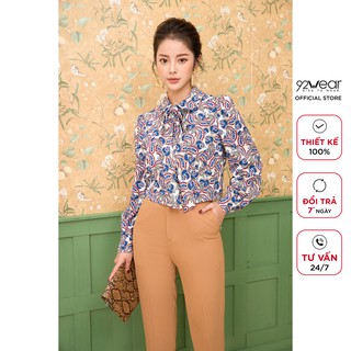 Áo sơ mi voan nữ 92WEAR thiết kế cổ đức dài tay họa tiết công sở ASA1664