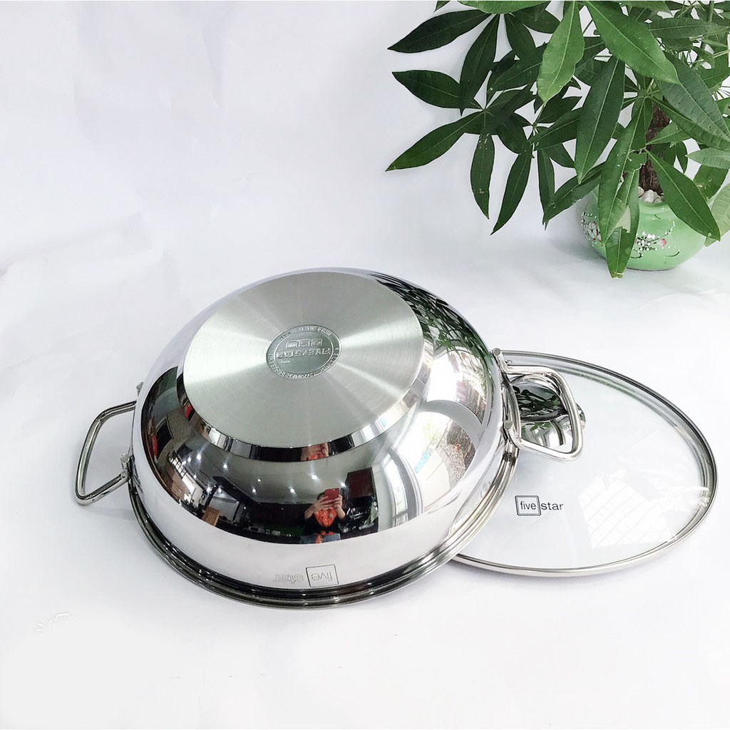 Chảo lẩu inox cao cấp 3 đáy Fivestar đường kính 32cm vung kính, chảo xào sâu lòng có nắp Five Star /HCH005