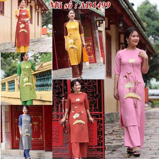 AD1499 SET ÁO DÀI CÁCH TÂN  PHẬT TỬ ĐI CHÙA THÊU HOA SEN KÈM QUẦN