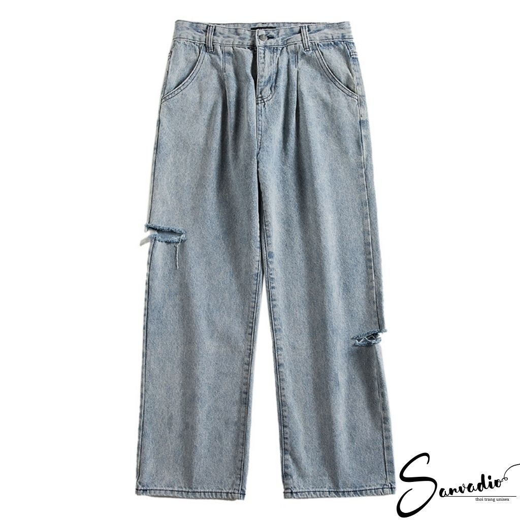 Quần jean ống rộng SANVADIO-quần jean rách phong cách unisex hàn quốc QD15