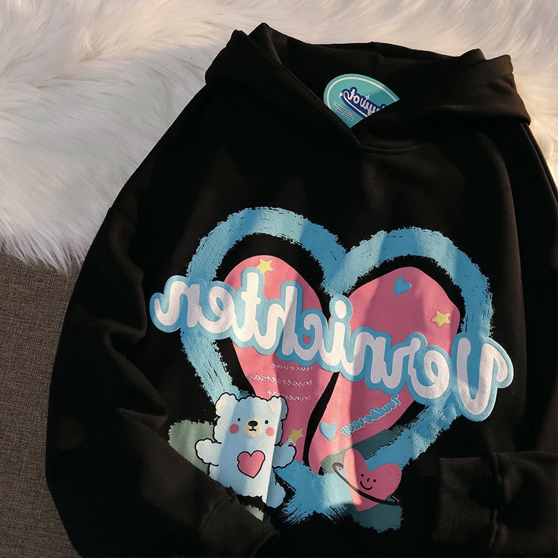 Áo Hoodie Dáng Rộng In Họa Tiết Gấu Và Trái Tim Phong Cách Harajuku Thu Đông Hàng Mới Dành Cho Nữ Sinh