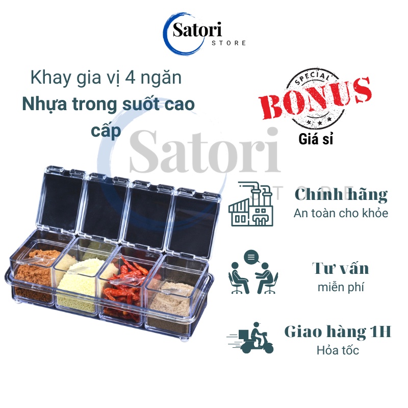 Bộ khay gia vị 4 ngăn để bàn, có nắp trong suốt tiện lợi