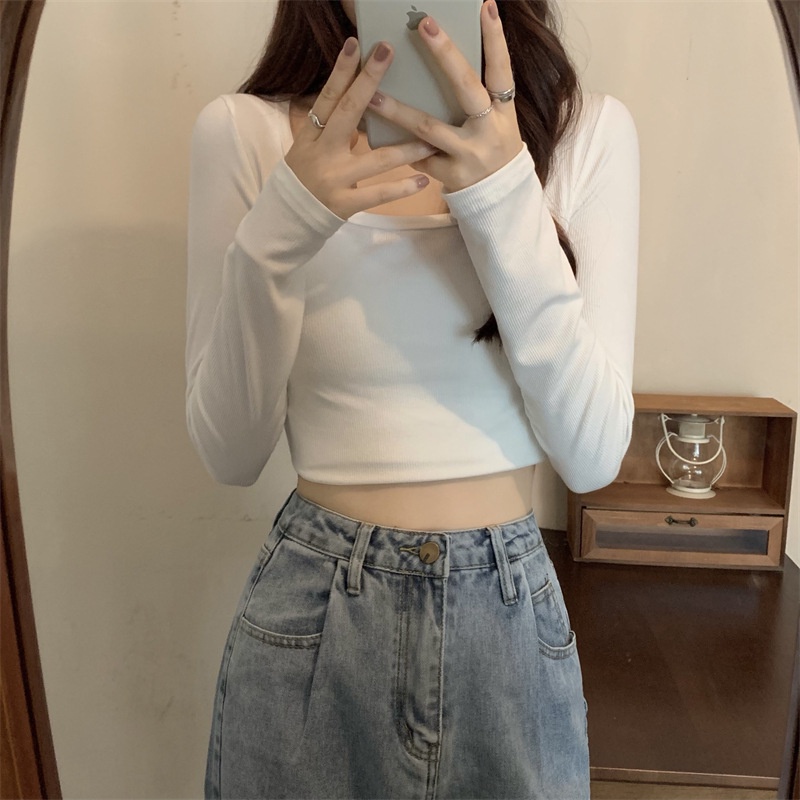 [Mã FAMARAL1 giảm 10K đơn 50K] Áo Croptop Tay Dài Cổ Vuông Màu Trơn Chất Cotton 4 chiều Phong Cách Hàn Quốc RT6