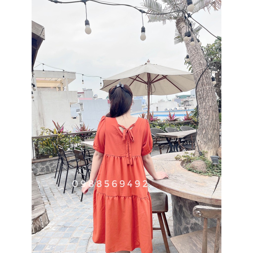 Váy bầu bigsize - Đầm bầu thiết kế GuMe màu CAM ĐẤT CỔ TIM BUỘC NƠ SAU chất vải sạn lụa size từ 40-100kg MB219