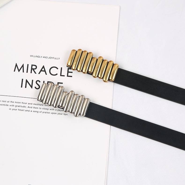 Đai váy thắt lưng nữ BROO mặt vàng bạc dây da đẹp phối blazer, đầm cá tính bản nhỏ 2.3cm