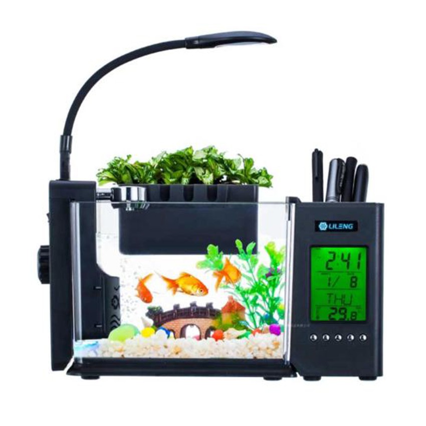 Bể Cá Mini kiêm Đồng Hồ Để Bàn Màu Ngẫu Nhiên (có tặng kèm đá và cây cảnh)
