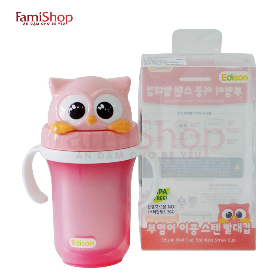 FamiShop Bình nước GIỮ NHIỆT ẤM có ống hút - hình cú mèo Edison, cung cấp nước ấm cho bé