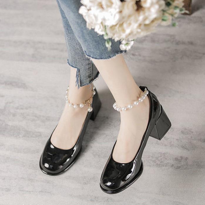 Giày Búp Bê Mũi Vuông Gót Vừa Dày Vừa Đính Ngọc Trai Phong Cách retro Pháp Thời Trang Mùa Xuân Hàng Mới Dành Cho Bạn Nữ