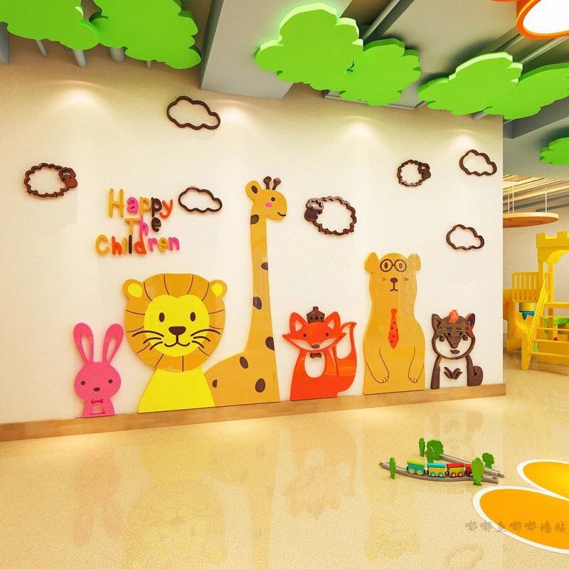 Tranh dán tường mica 3d happy children, trang trí mầm non, trang trí khu vui chơi trẻ em