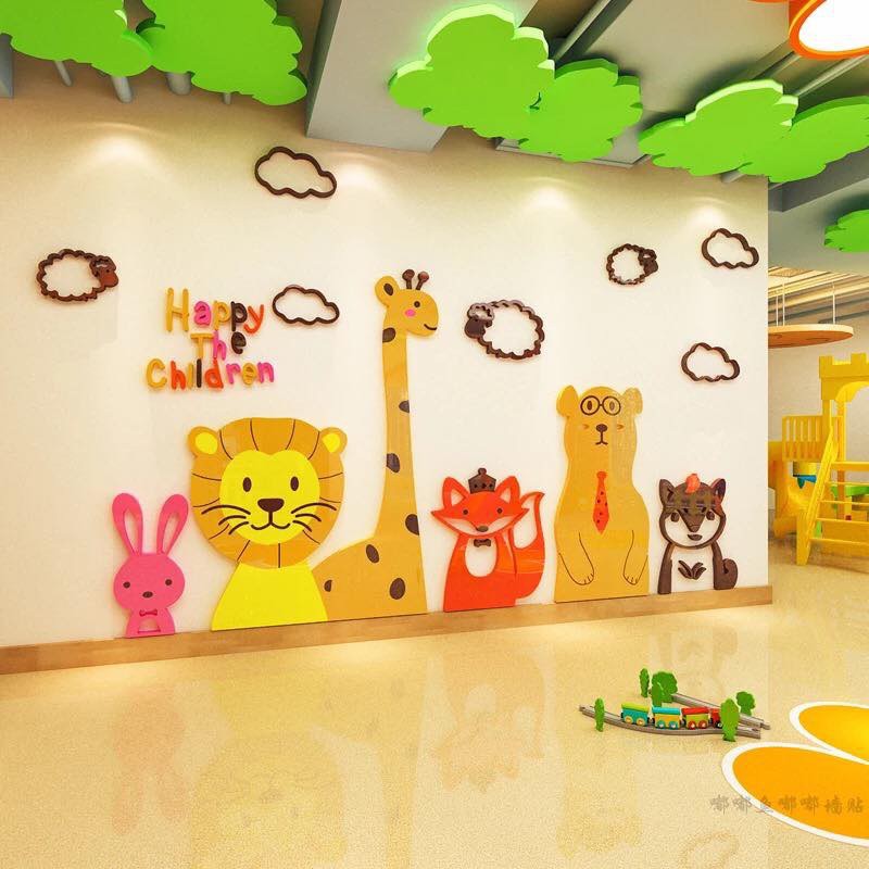 Tranh dán tường mica 3D - Happy children, trang trí mầm non, trang trí khu vui chơi trẻ em