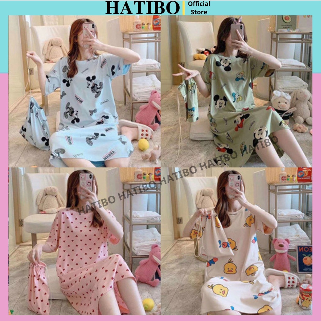 Váy Ngủ Nữ Cộc Tay HATIBO Chất Liệu Cotton Mềm Mát, Đầm Ngủ Mặc Nhà Dáng Suông Dễ Thương