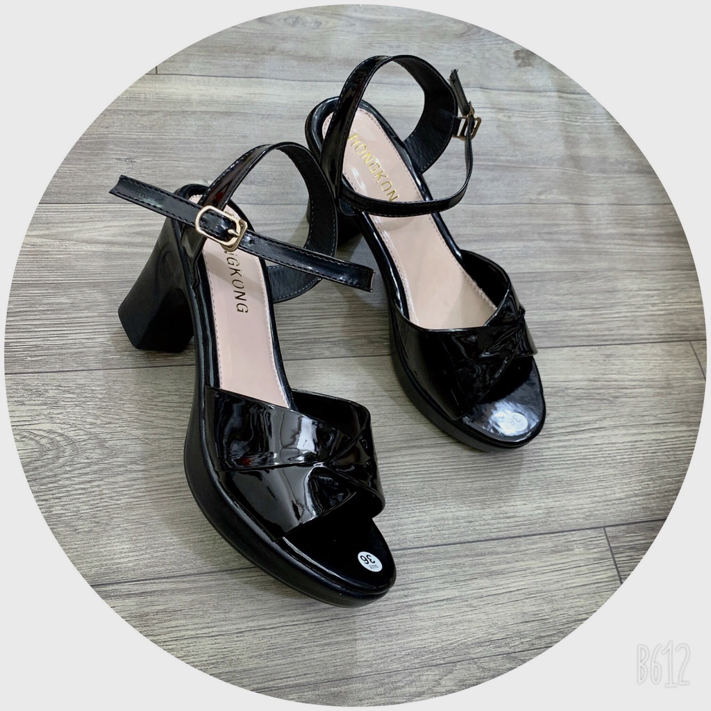 dép sandal nữ trung niên quai chéo gót 7cm da bóng ảnh thật 100%
