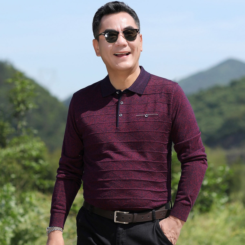 Áo Thun Dệt Kim Tay Dài Cổ Bẻ Thời Trang Xuân Thu Cho Đàn Ông Trung Niên