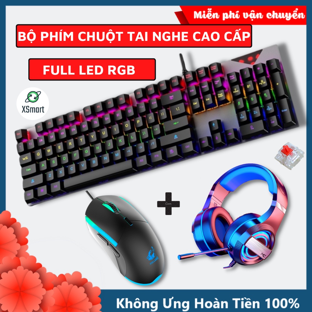 Combo Bộ Bàn Phím Cơ CHuột Kèm Tai Nghe Gaming Xsmart Led Full Chế Độ, Phím Cơ Red Switch Hỗ Trợ Mọi Game K1+V7+Q9