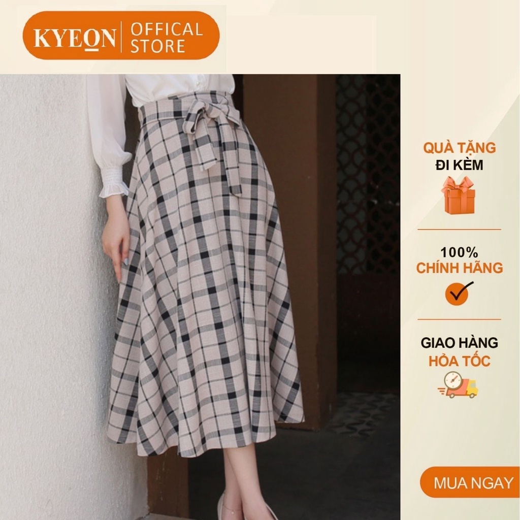 Chân váy thời trang nữ Kyeon cotton kẻ thắt nơ dáng midy KV008
