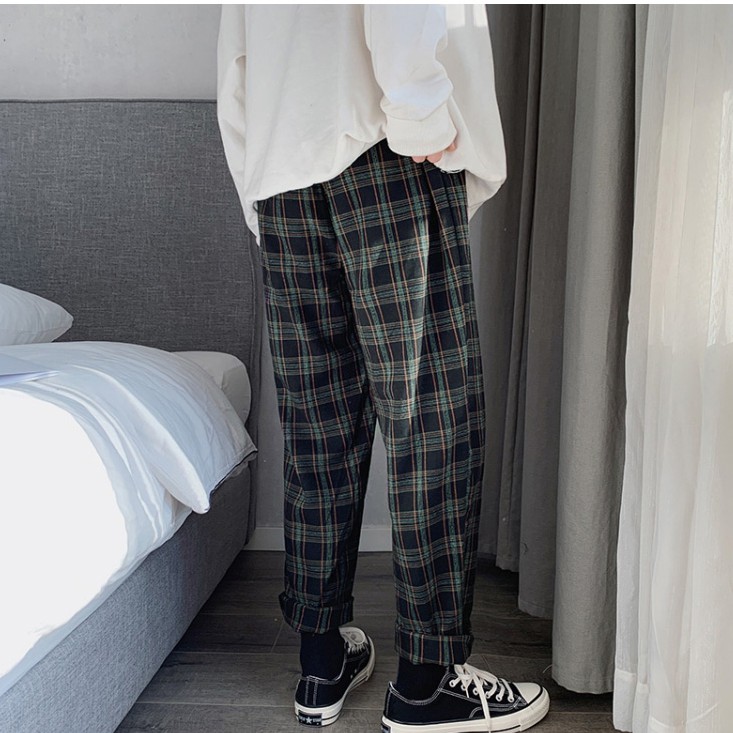 Quần Baggy Nam Nữ Kẻ Caro PLAID Ống Suông Unisex - Kiểu quần baggy nữ vải Plaid kẻ caro dáng suông rộng DERI store